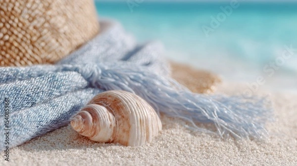 Obraz A shell is sitting on the sand next to a blue scarf