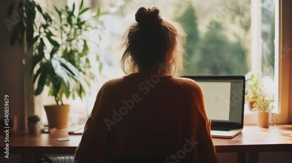 Obraz A woman is sitting at a desk with a laptop and a potted plant in front of her