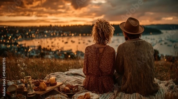 Obraz A couple is sitting on a blanket overlooking a body of water