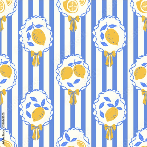 Obraz Lemon fruits summer seamless pattern. Hand draw lemons in ribbon frame with bow. Sketch drawing. Vector illustrations in ink line doodle sketch images for fabric, wrapping paper.