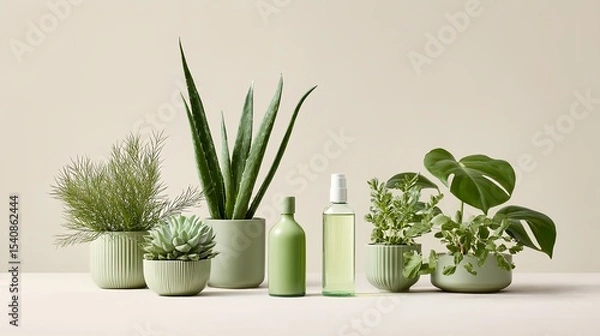 Obraz Row of green plants and a bottle of lotion.