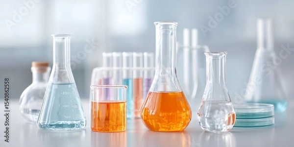 Obraz Table with many different colored glass beakers and test tubes.