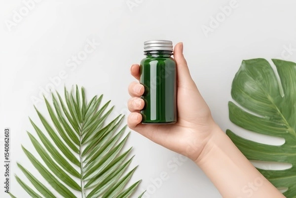 Obraz Person is holding a green bottle in their hand.