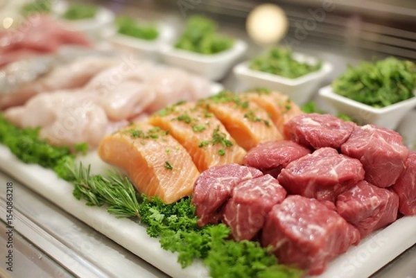 Obraz White plate with meat and vegetables on it.