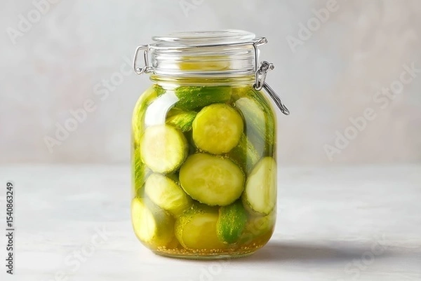 Obraz Jar of pickles is sitting on a table.