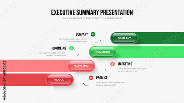 Fototapeta Advertising Innovation 4 Step Diagram Presentation Design. Enterprise Review Slideshow Template Vector Illustration. Sales Overview Four Element Infographic Slide Layout.