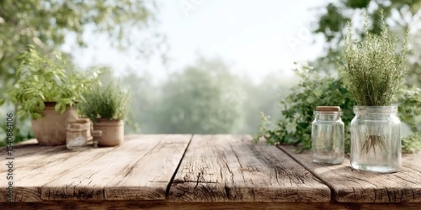 Obraz Wooden table with two vases of herbs and a potted plant.