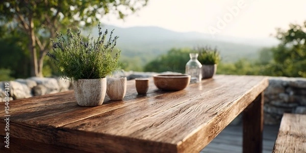 Obraz Wooden table with a vase of flowers and a bowl of fruit.