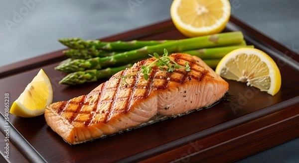 Fototapeta Grilled salmon fillet with asparagus and lemon slices on a wooden board