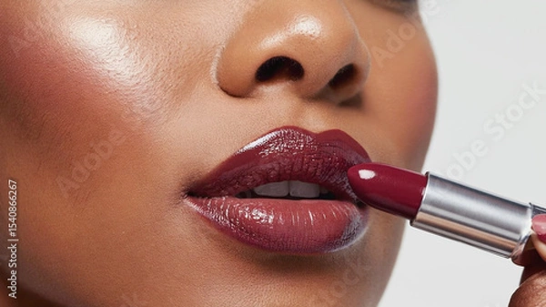 Fototapeta Close-up image of a woman applying dark red lipstick, focusing on smooth skin and full lips. The shiny finish highlights the beauty and elegance of her makeup routine. Image made using Generative AI.