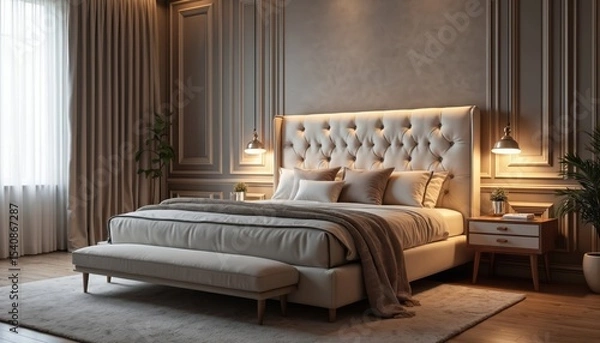 Fototapeta Luxurious bedroom design with tufted bed, elegant interior decor. Modern, stylish aesthetic with cozy, comfortable vibes. Neutral tones, soft lighting, minimalist design create sophisticated ambience.