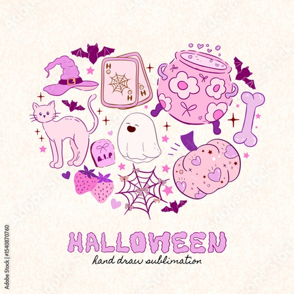 Obraz coquette Halloween in heart sharp sublimation clipart, vector spooky happy holiday text kit, creepy ghost shape, skeleton. Smiling pumpkin, witch hat, black cat cemetery gate tombstone grave, vintage