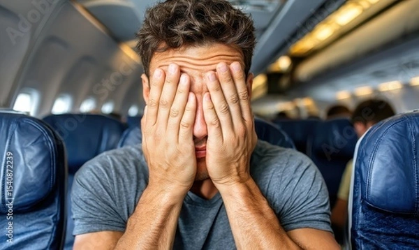 Obraz Distressed man covering face while flying on airplane, fear of flying travel photo concept