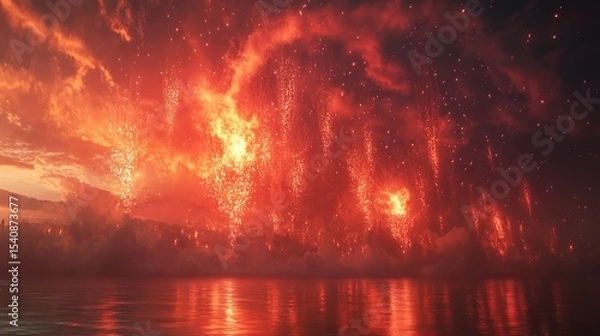 Fototapeta Passionate bursts of fiery red and orange fireworks interspersed with glowing white comet trails