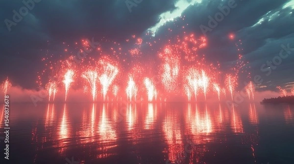 Fototapeta Passionate bursts of fiery red and orange fireworks interspersed with glowing white comet trails