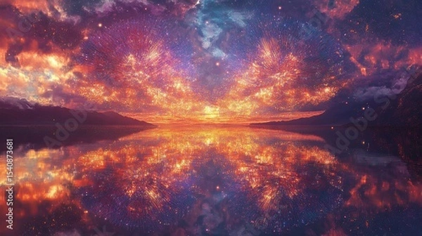 Fototapeta Patterns of radiant purple and fiery copper fireworks colliding into symmetrical striped bursts