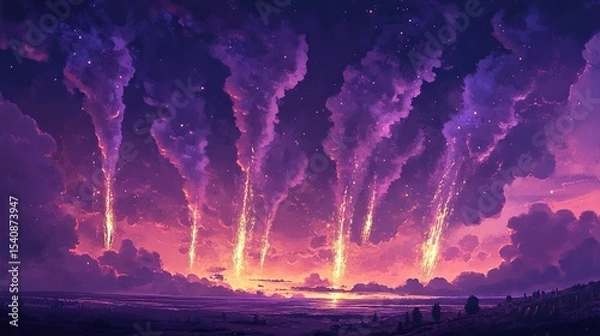 Fototapeta Plume-shaped fireworks in emphatic shades of violet spread across the sky like rising phoenixes