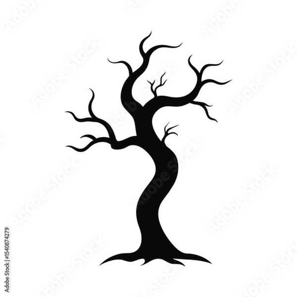 Fototapeta Twisted creepy tree with bare branches stretching into the sky silhouette