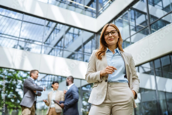 Obraz confident woman smiles in suit stand in front of modern glass building