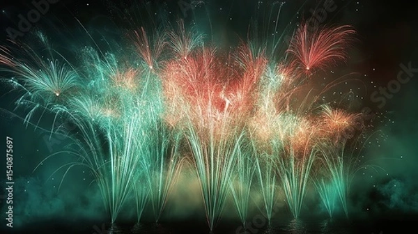 Fototapeta Radiant fountains of mint green and crimson fireworks cascading into thin elegant lines