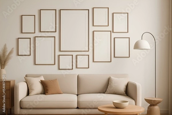 Fototapeta Gallery wall mockup with multiple empty picture frames of different sizes, stylish modern interior, neutral tones