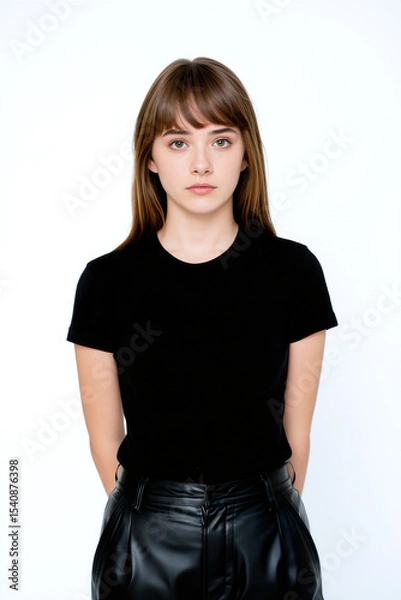 Obraz A young woman stands confidently with her hands relaxed at her sides, showcasing a simple yet stylish look in a black shirt and leather pants. Generative AI.