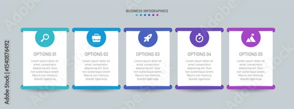 Fototapeta Horizontal progress bar featuring 5 arrow-shaped elements, symbolizing the five stages of business strategy and progression. Clean timeline infographic design template. Vector for presentation