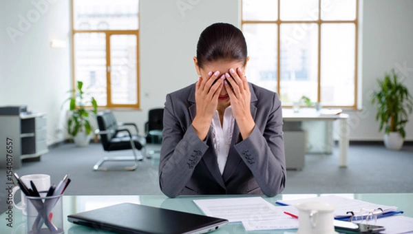 Obraz A woman in a business suit holds her head in her hands, displaying signs of stress and depression at her desk in a bright office space filled with plants and furniture. Burnout concept. Generative AI.