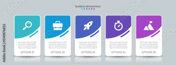 Fototapeta Horizontal progress bar featuring 5 arrow-shaped elements, symbolizing the five stages of business strategy and progression. Clean timeline infographic design template. Vector for presentation