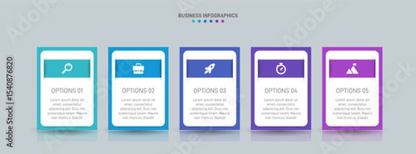 Fototapeta Horizontal progress bar featuring 5 arrow-shaped elements, symbolizing the five stages of business strategy and progression. Clean timeline infographic design template. Vector for presentation