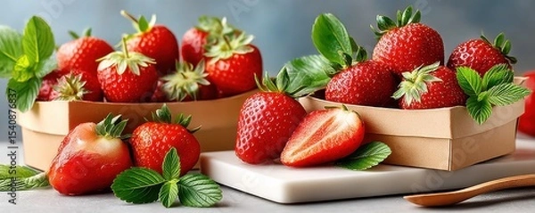 Fototapeta Fresh strawberries in rustic baskets with greenery on a natural surface