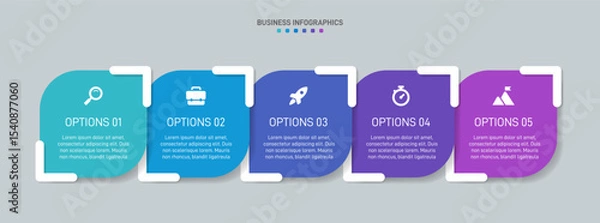 Fototapeta Horizontal progress bar featuring 5 arrow-shaped elements, symbolizing the five stages of business strategy and progression. Clean timeline infographic design template. Vector for presentation
