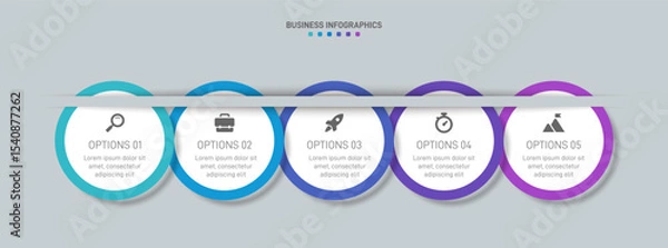 Fototapeta Horizontal progress bar featuring 5 arrow-shaped elements, symbolizing the five stages of business strategy and progression. Clean timeline infographic design template. Vector for presentation
