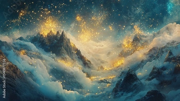 Fototapeta Radiating bursts of aqua and golden-yellow fireworks slowly collapsing into glittering streams over soft