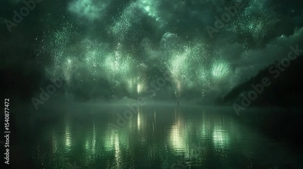 Fototapeta Ribbons of green and silver fireworks rippling across a dark sky