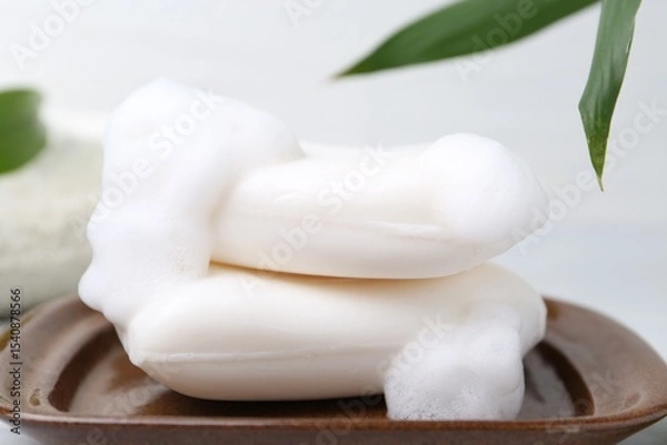 Fototapeta Soap bars with foam on white table, closeup