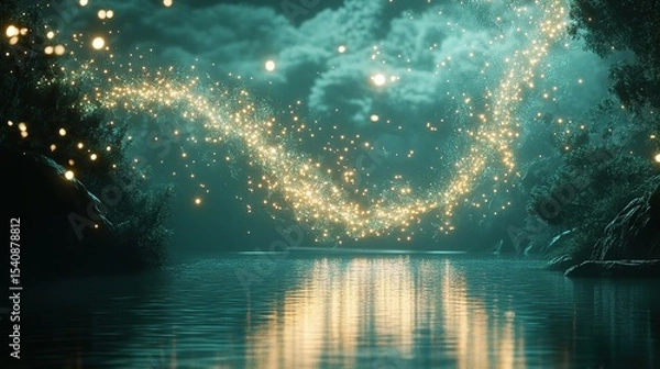 Fototapeta Smooth curling trails of soft emerald and pale rose fireworks spinning upward and fanning out like intricate glowing petals over a riverside.