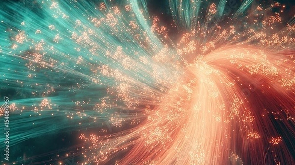 Fototapeta Smooth curling trails of soft emerald and pale rose fireworks spinning upward and fanning out like intricate glowing petals over a riverside.