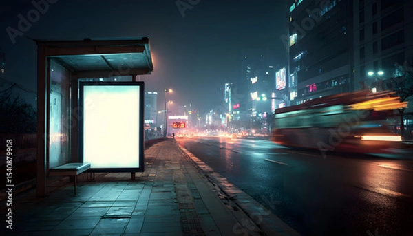 Fototapeta Bus stop billboards with blank copy space for advertising. Empty mock up Lightbox for information, clear display. Urban city street with blurred bus at night.