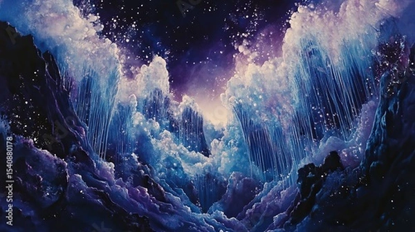 Fototapeta Soft pastel streams of silver-blue and violet fireworks cascading downward
