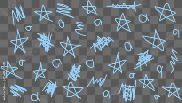 Fototapeta Various hand-drawn blue stars and abstract scribbles are scattered across a transparent background, showcasing a whimsical and artistic design. The playful elements evoke creativity and imagination