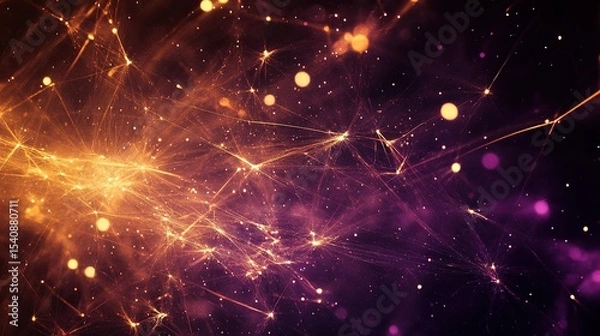 Fototapeta Streams of bright amethyst fireworks interwoven with golden bursts creating an ethereal tapestry of light against a pitch-black sky.