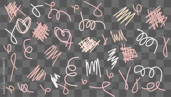 Fototapeta A collection of colorful hand-drawn doodles showcases a variety of abstract designs and playful shapes in soft pastel tones. This unique artwork highlights creativity and spontaneity
