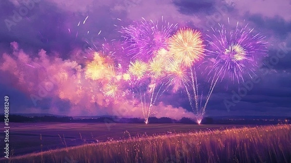 Fototapeta Sulfurous yellow and bold violet fireworks erupting against dense