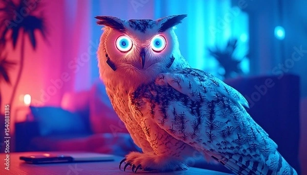 Obraz A vibrant, illuminated owl in a dimly lit room.