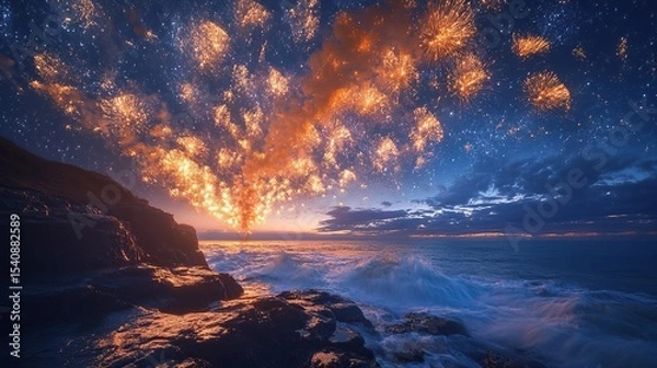 Fototapeta Towering fans of radiant golden fireworks stretching wide across a night sky