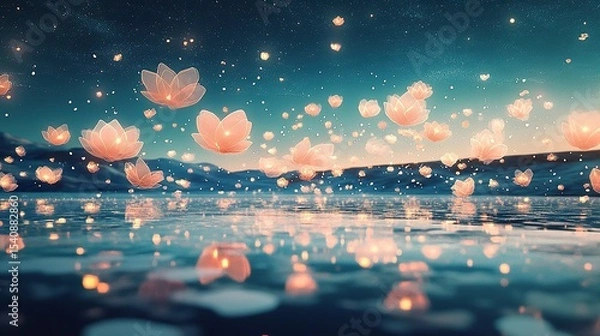 Fototapeta Translucent arcs of aquamarine and peach fireworks twirling upward