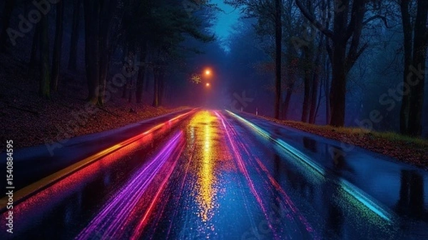 Fototapeta Vibrant midnight fireworks reflecting colorful streaks across a glossy wet road as faint shadows of trees line the foreboding background.