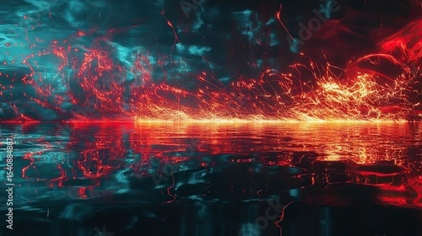 Fototapeta Vibrant streams of fire-red and aqua-hued fireworks pulsing synchronously in rhythmic line patterns