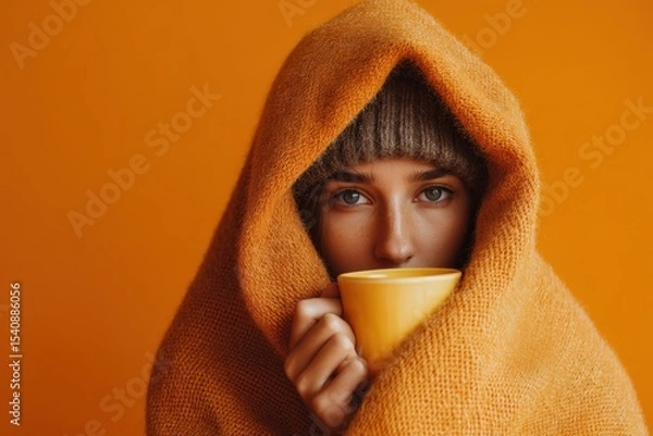 Obraz Woman Wrapped in a Warm Knit Blanket Holding a Hot Drink